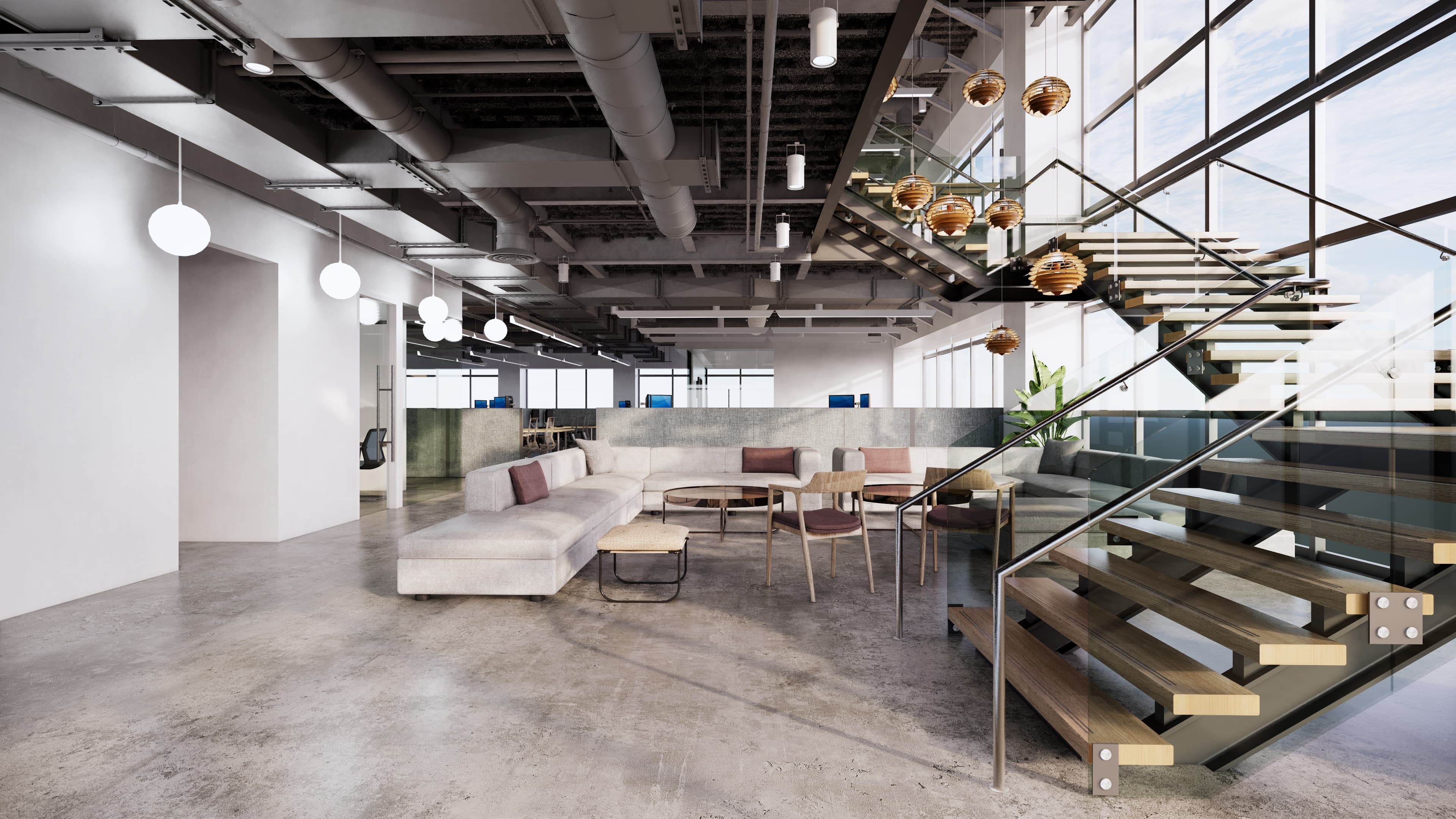 Modern commercial office lobby with polished concrete floors