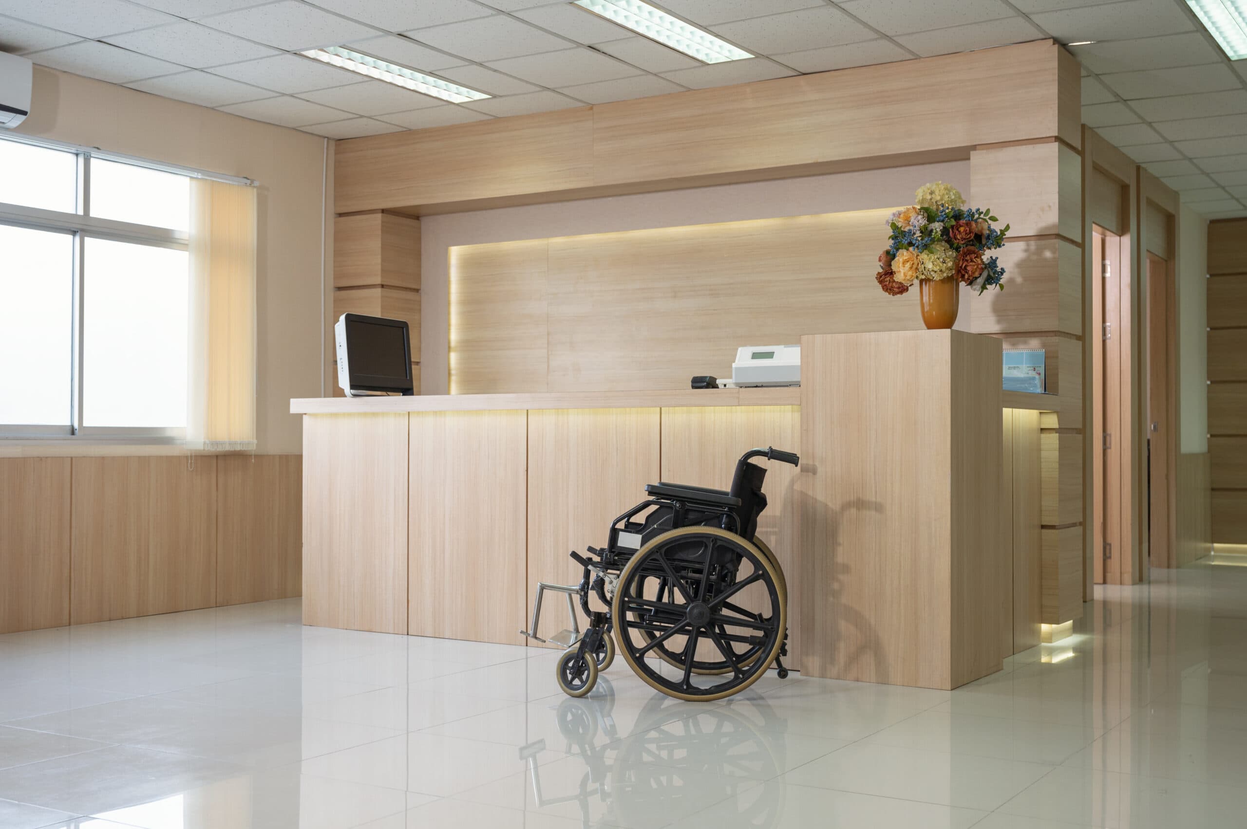 Clean medical facility waiting area with seating maintained by Space Care