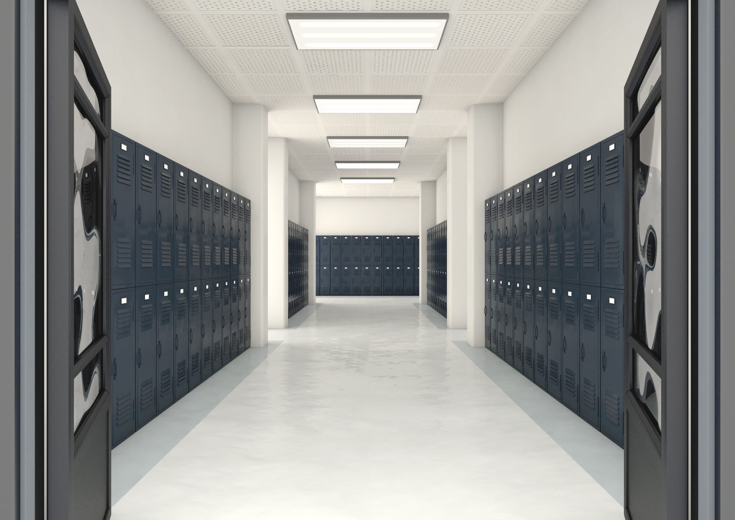 Clean school hallway with lockers maintained by Space Care facility services
