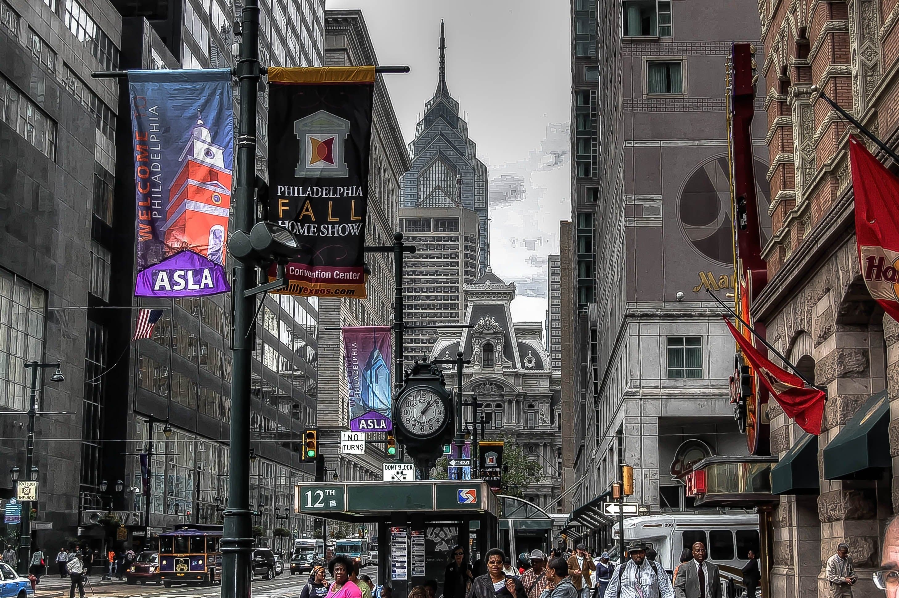Downtown Philadelphia streetscape with historic City Hall in the background