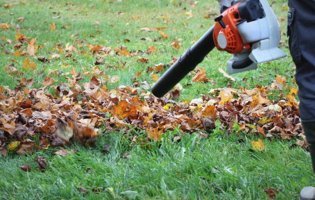 Landscaper using leaf blower for fall yard cleanup on commercial property