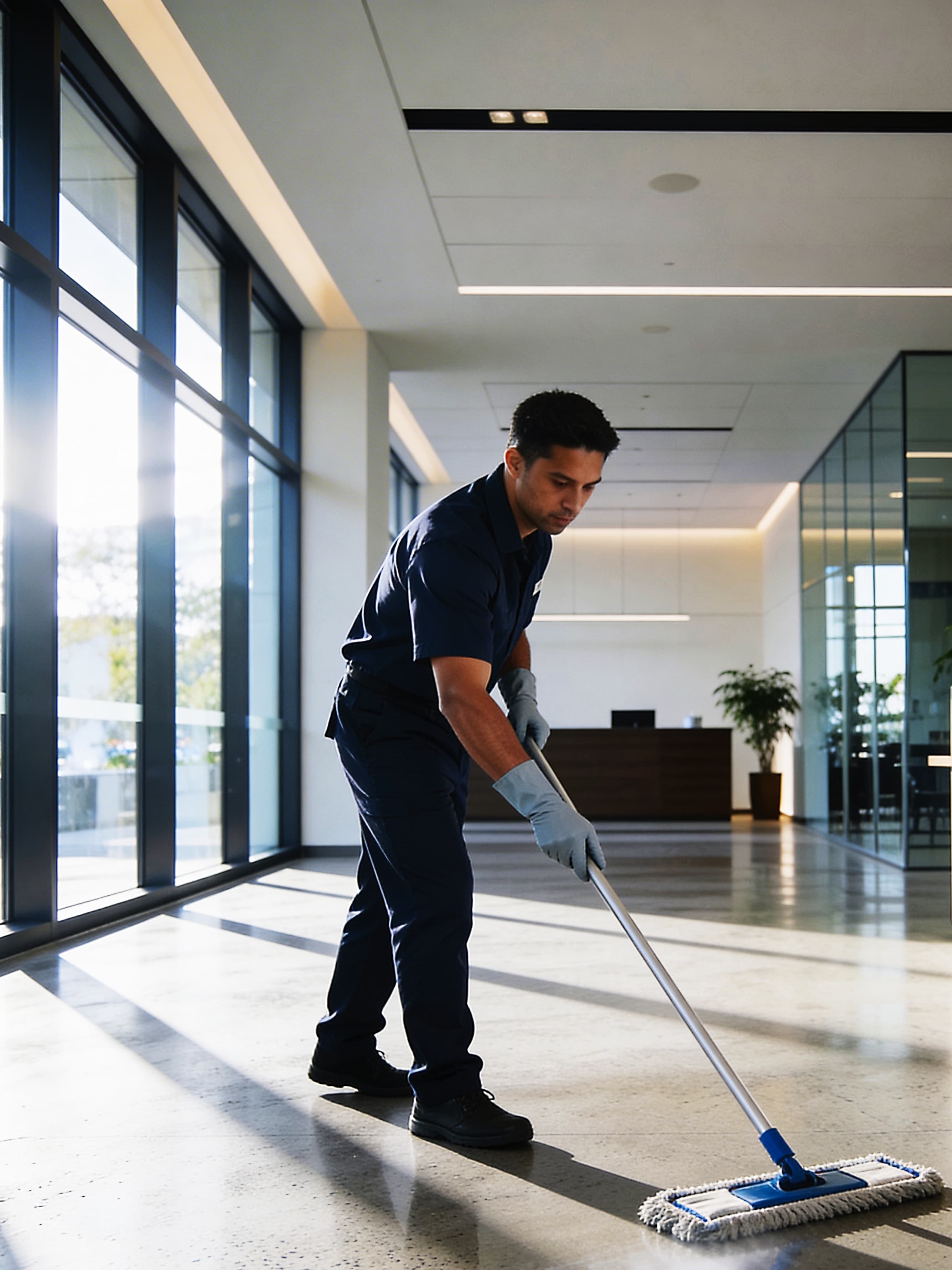 Professional cleaner mopping a modern office lobby floor